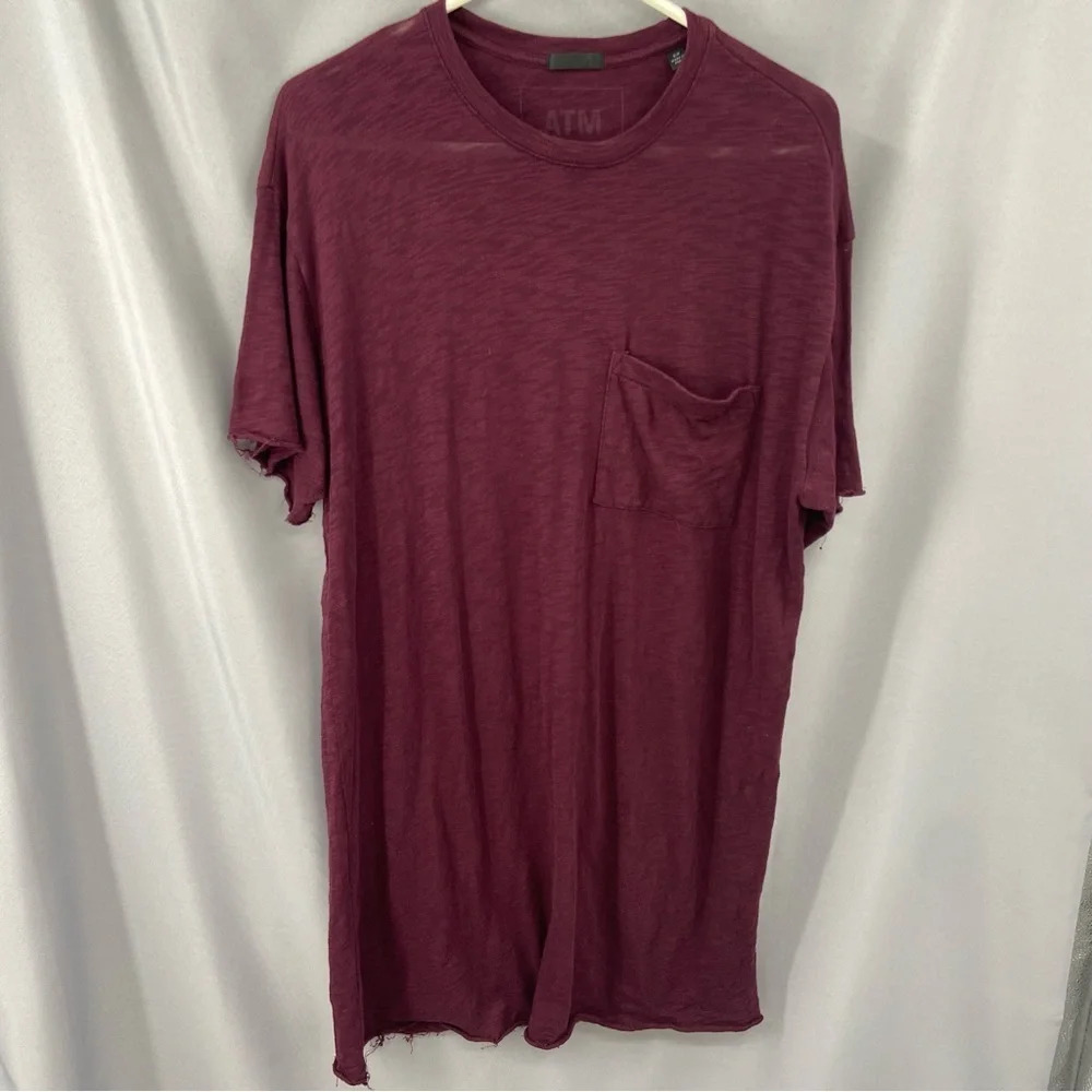 ATM Burgundy Short Sleeve Oversized Burnout‎ T-Shirt Dress Size Small Raw Hems